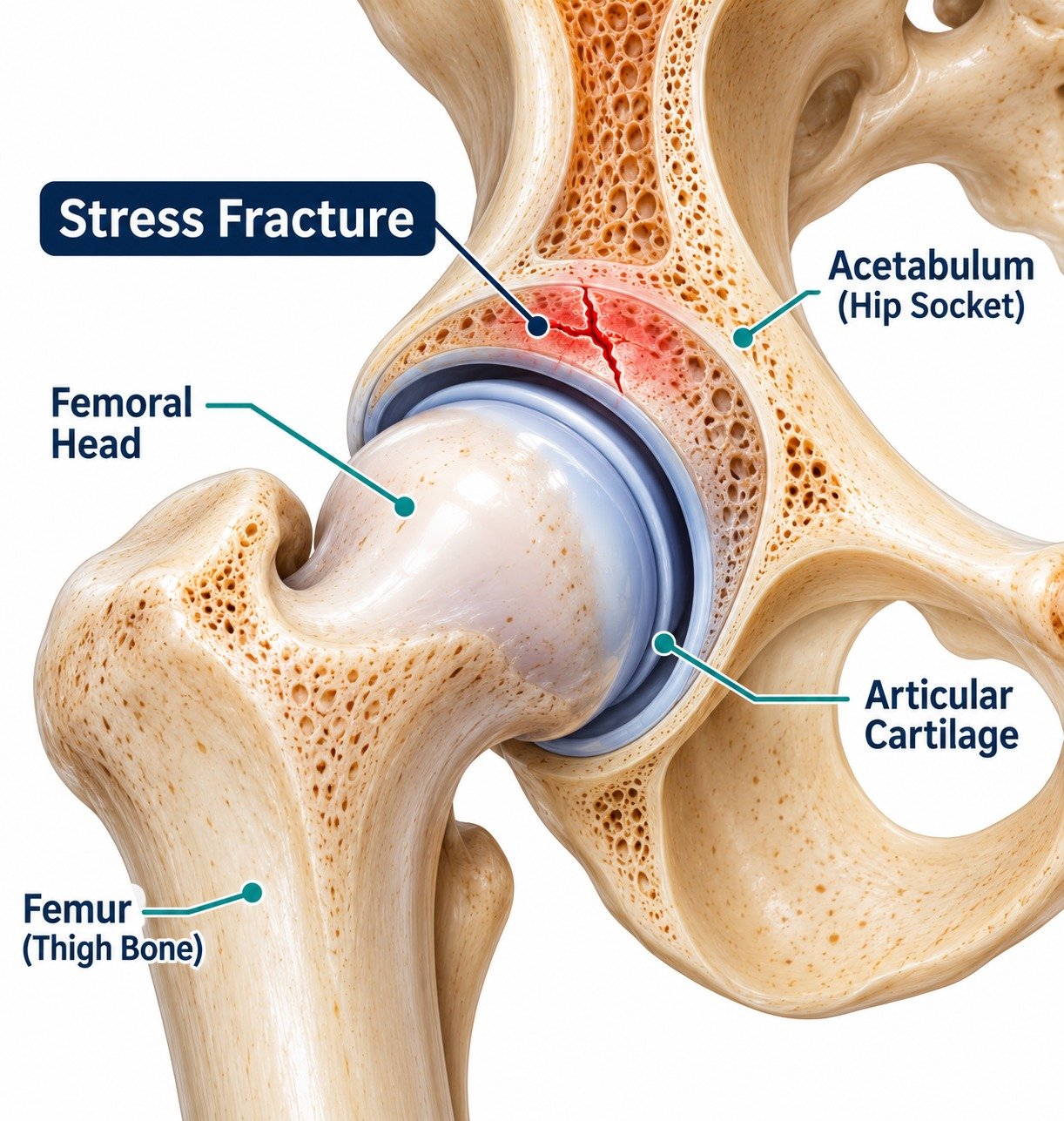 Diagram of the hip joint showing the acetabulum (hip socket) with a hairline stress fracture line marked on the weight-bearing surface