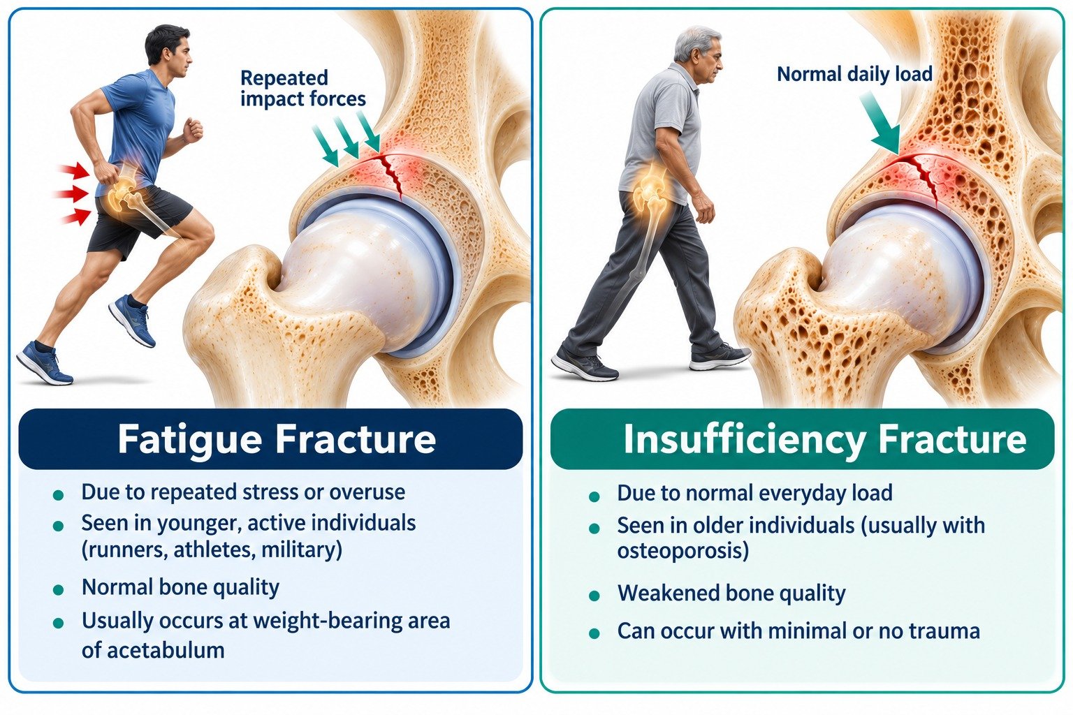 Comparison diagram showing fatigue fracture from repetitive stress on normal bone in athletes versus insufficiency fracture from normal stress on weakened osteoporotic bone in elderly patients