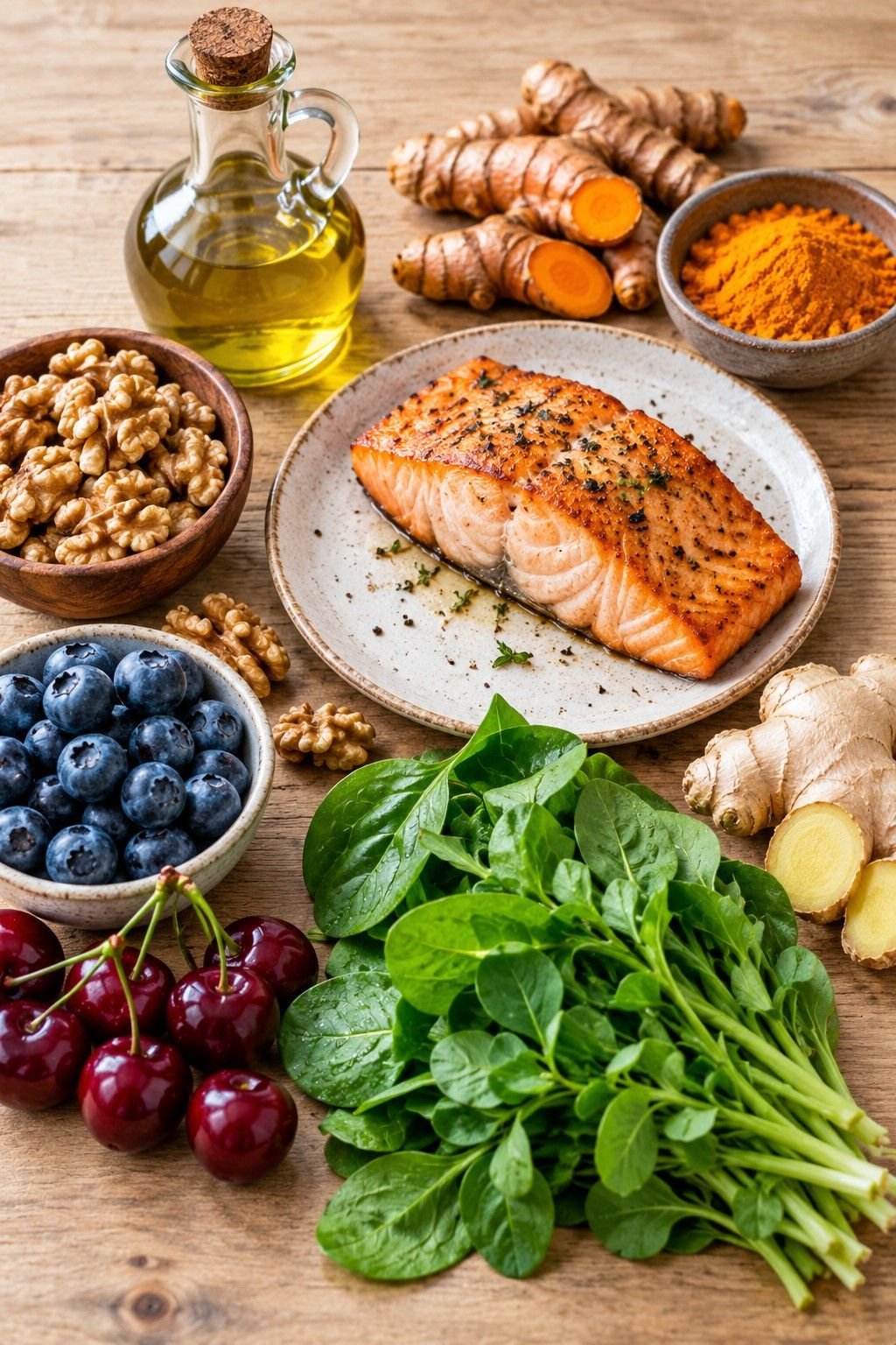 Anti-inflammatory foods for joint pain including fatty fish, turmeric, olive oil, berries, walnuts and leafy greens (AI-generated illustration)