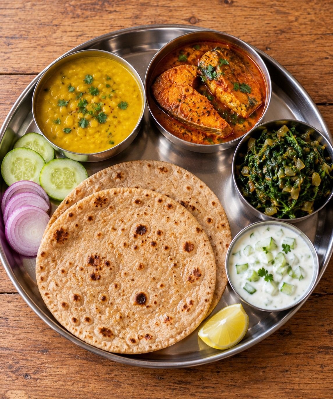 Indian anti-inflammatory thali meal with turmeric dal, fish curry, methi sabzi, atta roti and salad (AI-generated illustration)
