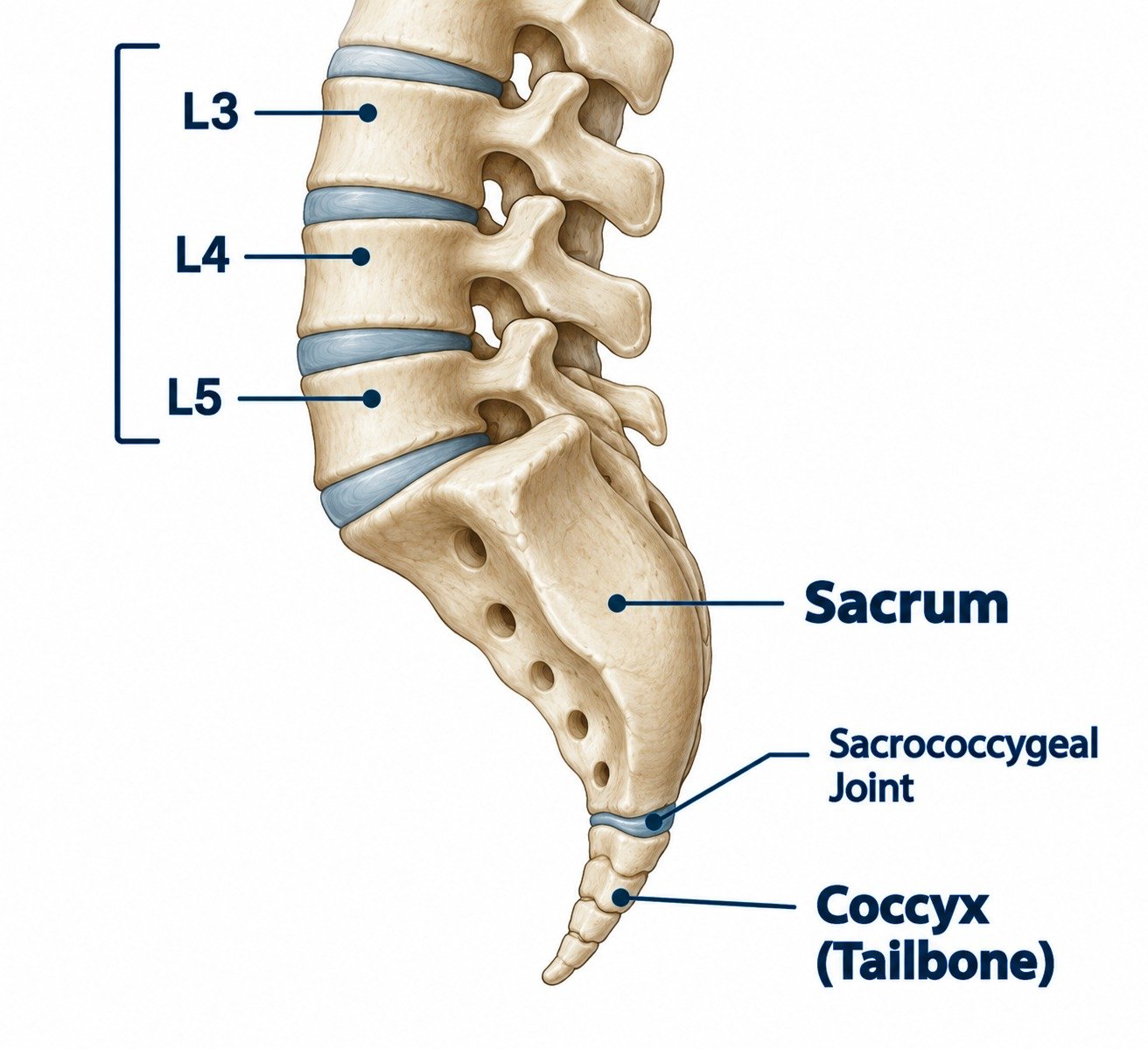Diagram of the lower spine showing the sacrum and coccyx (tailbone) at the base, labeled with the sacrococcygeal joint (AI-generated illustration)
