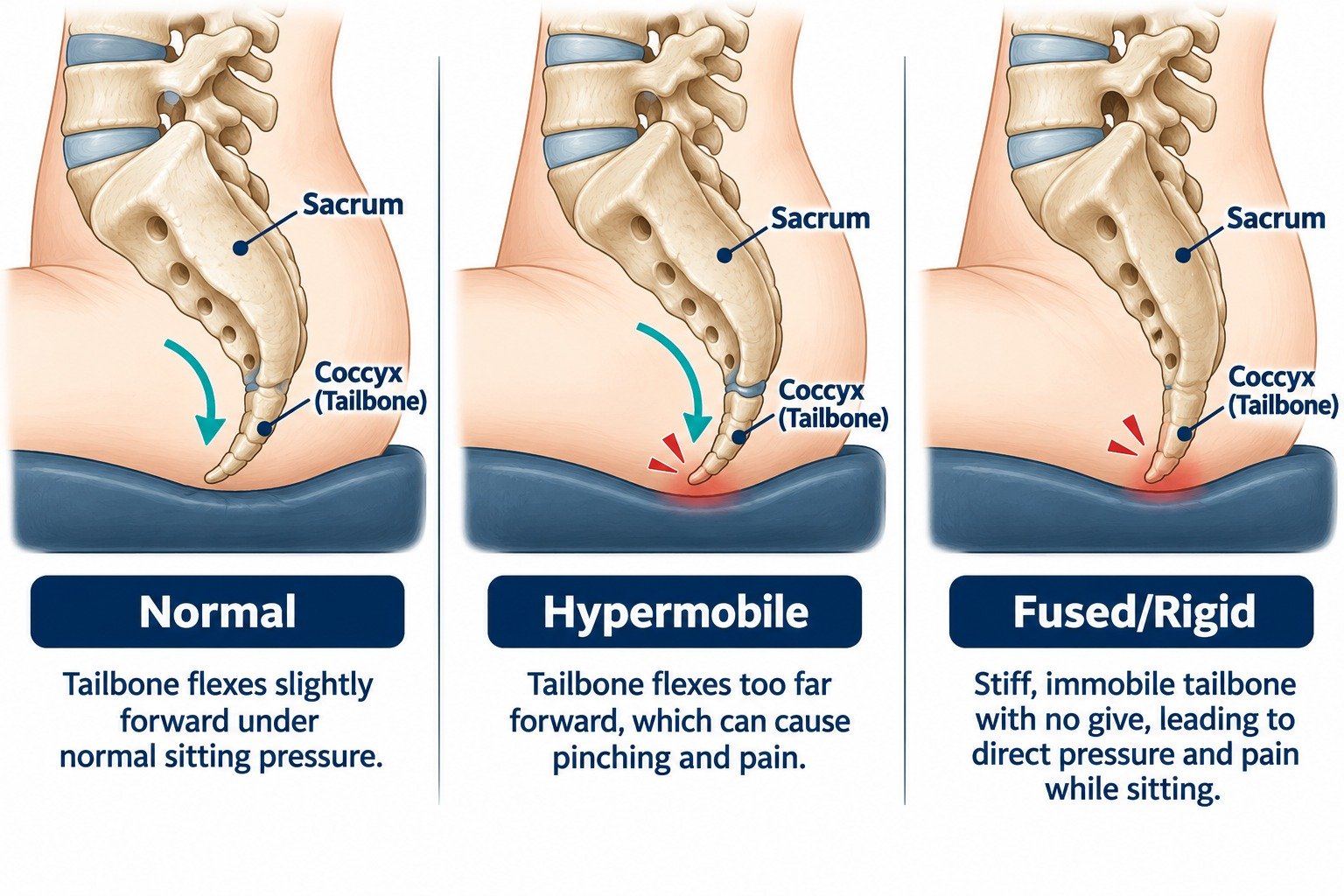 Side view diagram comparing normal coccyx flexion while sitting to abnormal hypermobile and fused coccyx positions that cause pain (AI-generated illustration)