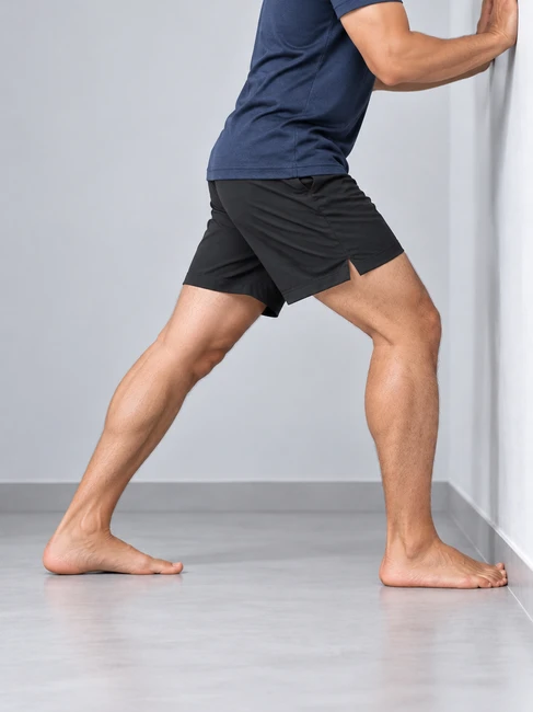 Calf stretch with heel on floor exercise for retrocalcaneal bursitis - wall lean stretch position
