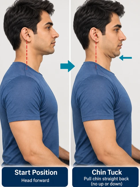 Chin tuck exercise for neck hump - drawing the chin straight back without tilting the head