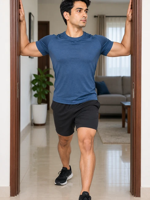 Doorway pectoral stretch exercise for neck hump - forearms on door frame, stepping forward to stretch the chest