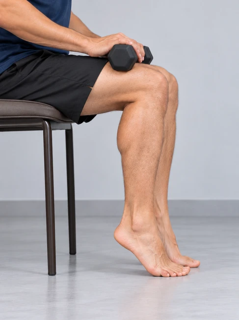 Seated calf raise exercise for retrocalcaneal bursitis - seated heel raise with knee weight position