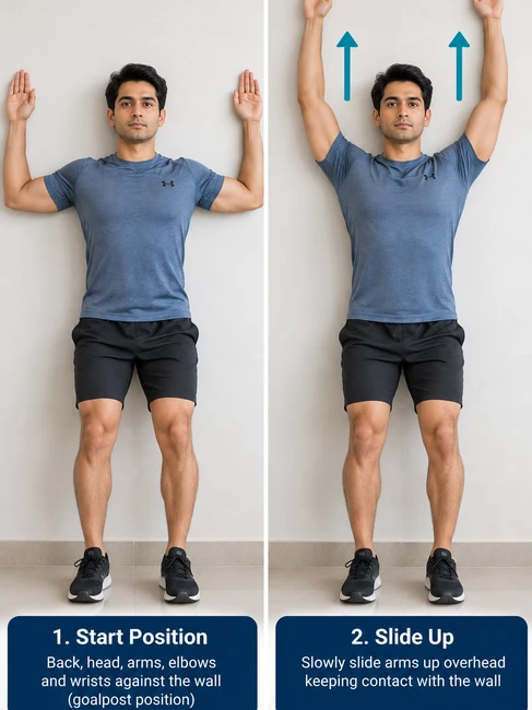 Wall angel exercise for neck hump - back against the wall, sliding arms overhead from a goalpost position