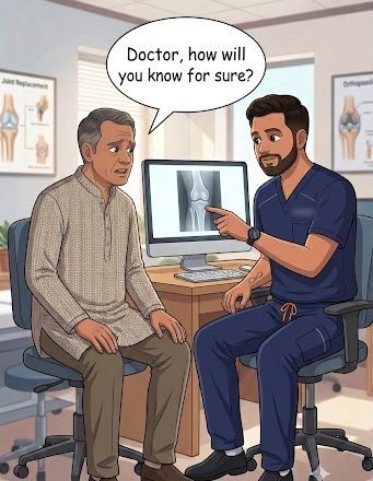 डॉ. सुमित श्री रमेश को घुटने का X-ray समझाते हुए