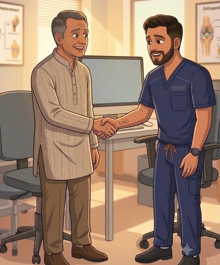 खुश श्री रमेश डॉ. सुमित से हाथ मिलाते हुए