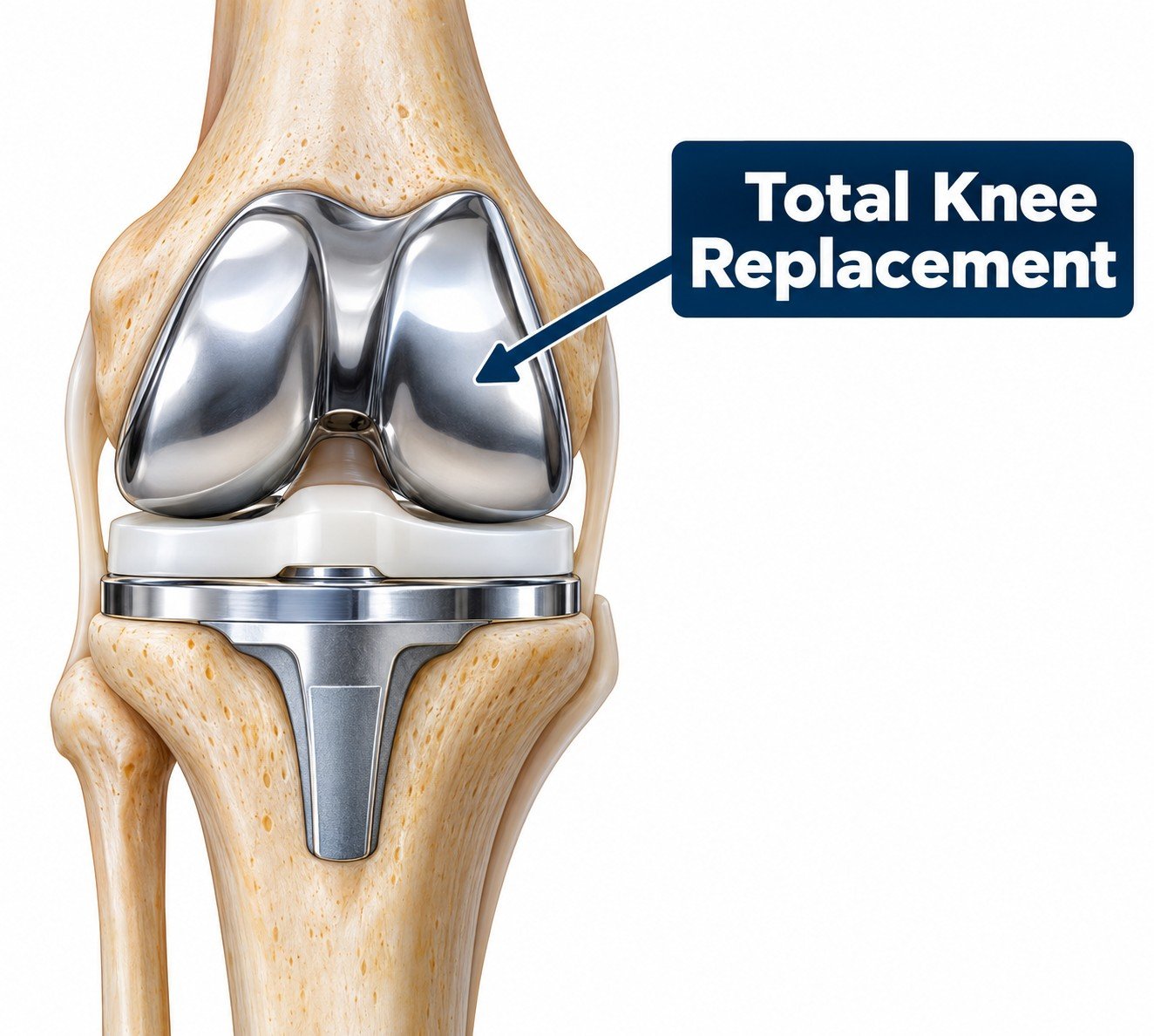 Diagram of a total knee replacement implant positioned in the knee joint, labeled Total Knee Replacement