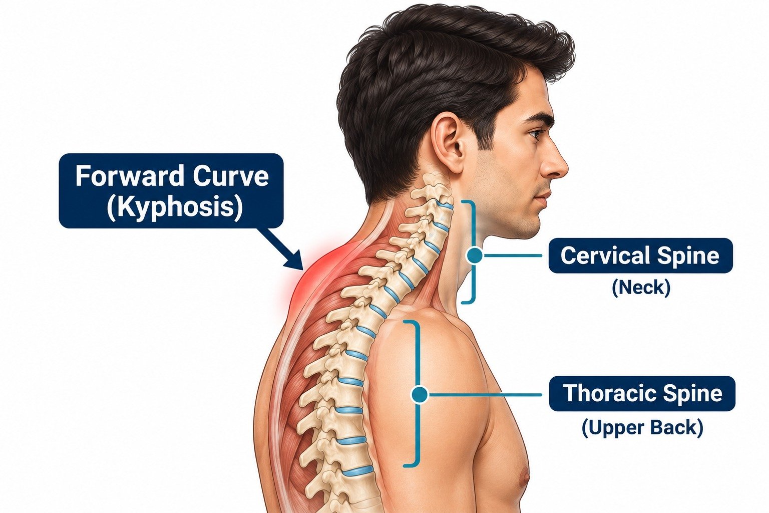 Side view diagram of the neck and upper back showing the rounded forward curve (kyphosis) at the base of the neck that forms a dowager's hump