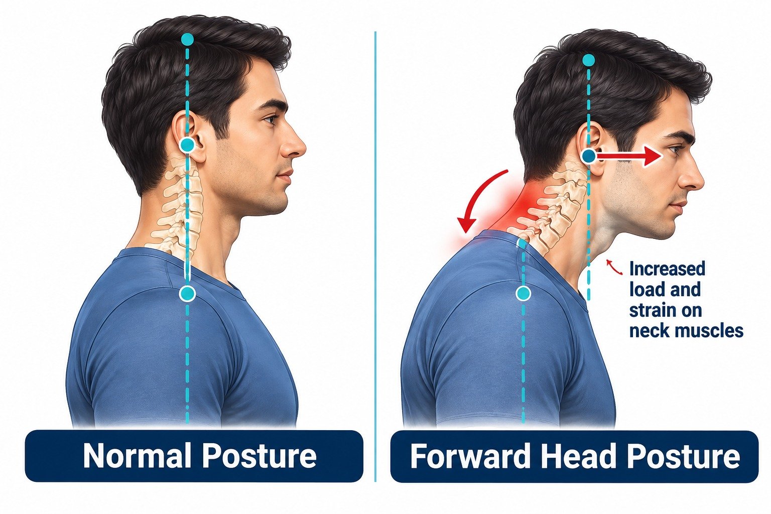 Side view diagram comparing normal head position over the shoulders to forward head posture, showing the increased load on the neck muscles and spine