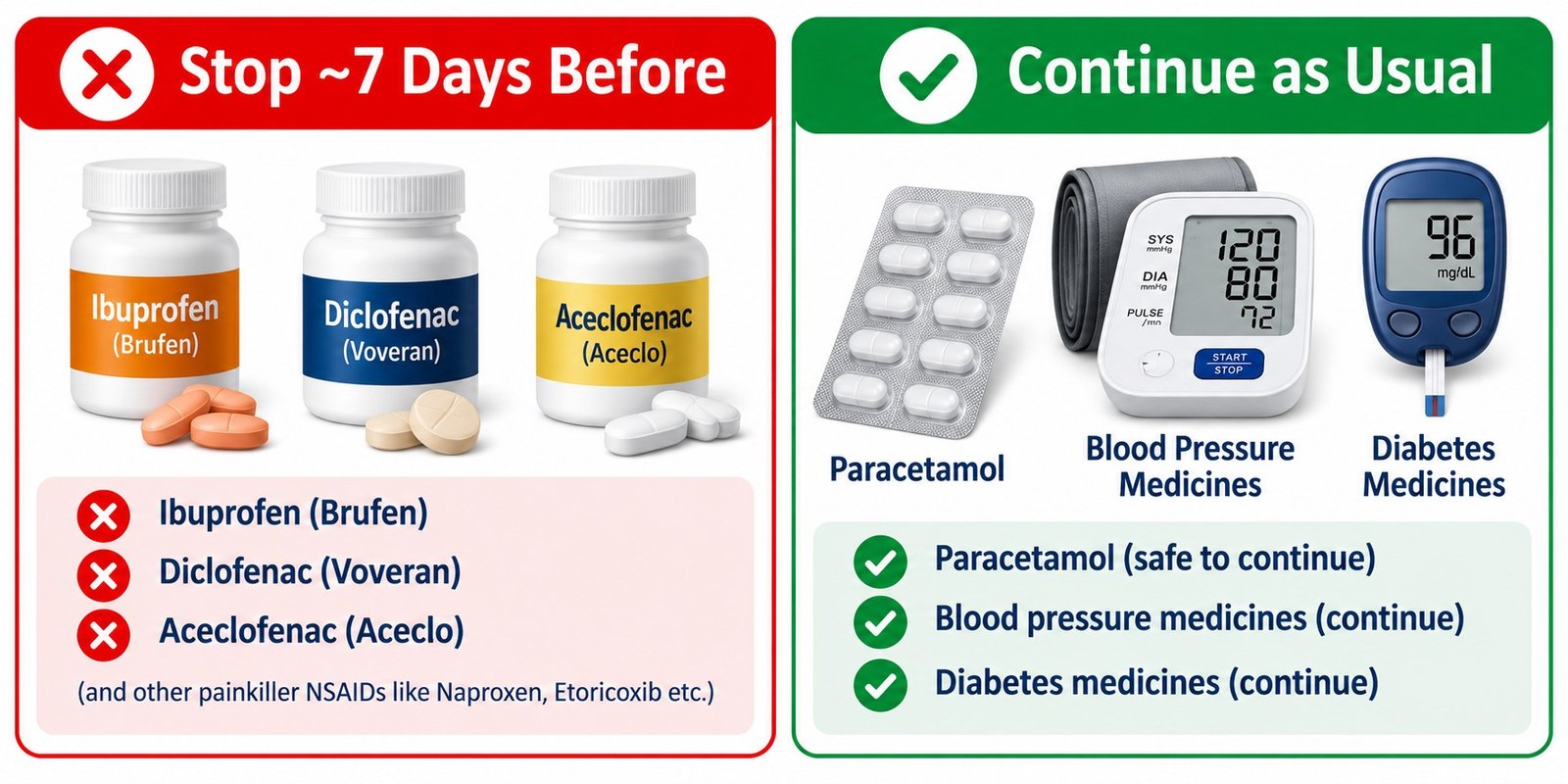 Checklist graphic showing NSAID painkillers to stop before PRP injection and medicines like paracetamol, BP and diabetes tablets to continue