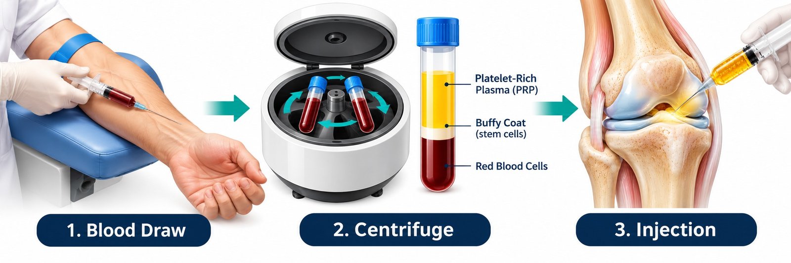 Diagram of the PRP and stem cell therapy process - blood draw, centrifuge separation, and injection into the joint