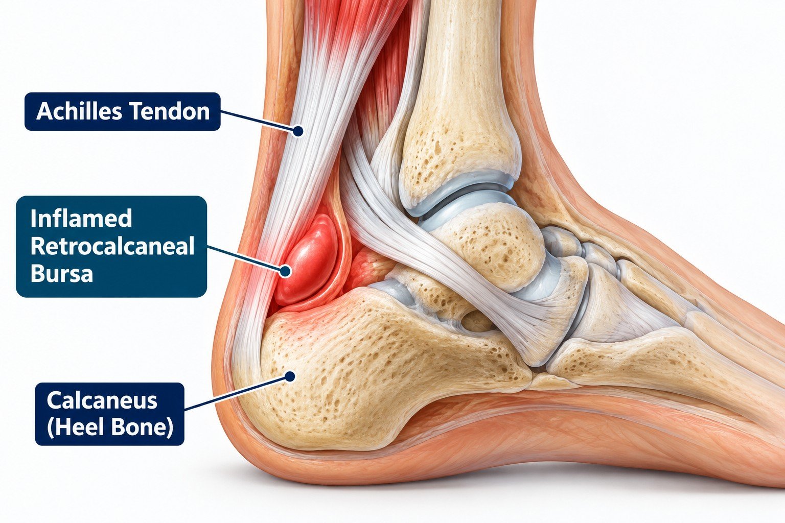 Diagram of the heel showing the retrocalcaneal bursa at the back of the heel where the Achilles tendon attaches, labeled Retrocalcaneal Bursitis