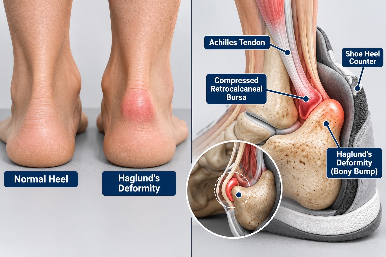 Lateral view of the heel showing Haglund's deformity, a bony prominence at the back of the heel compressing the retrocalcaneal bursa