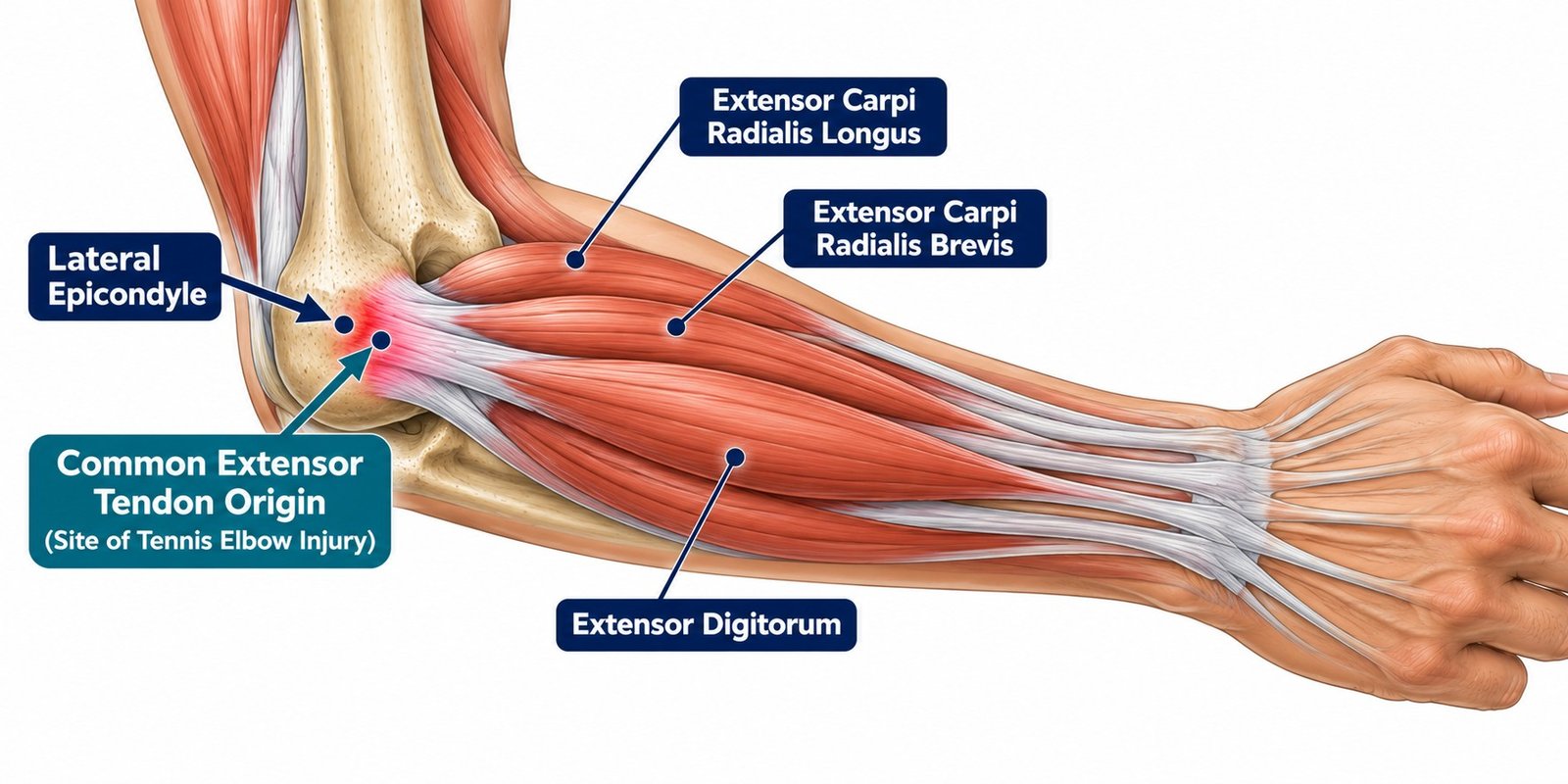 Lateral view of the forearm extensor muscles and the common extensor tendon origin at the lateral epicondyle (AI-generated illustration)
