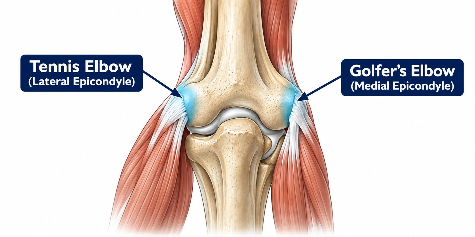Diagram labeling Tennis Elbow on the outer elbow and Golfer's Elbow on the inner elbow (AI-generated illustration)